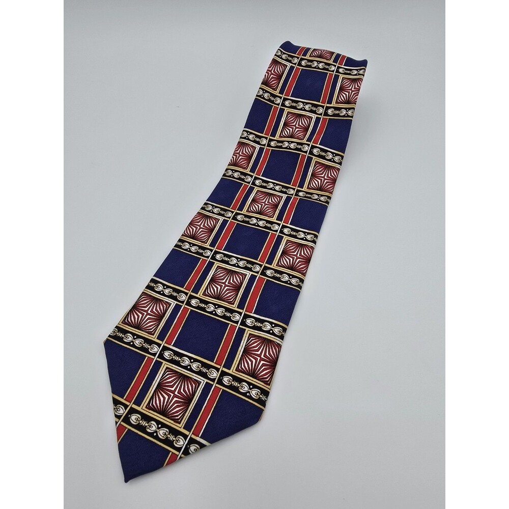 Executive Silks Vintage Men's Silk Tie Blue Red Geometric Grid Pattern RN 59495